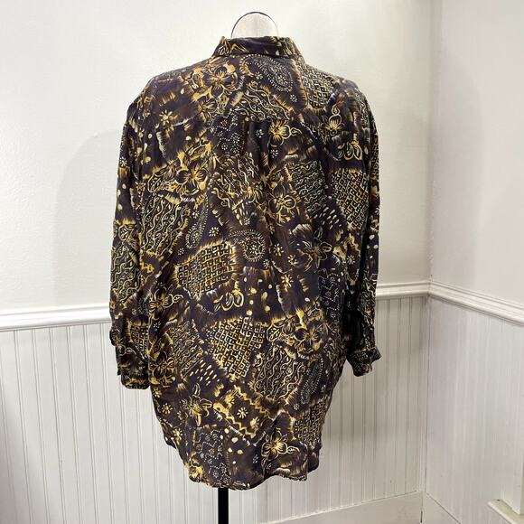 Details Express Plus Size 24 Shirt 100% Silk Button Front Floral Artsy Gray Gold - Picture 3 of 10